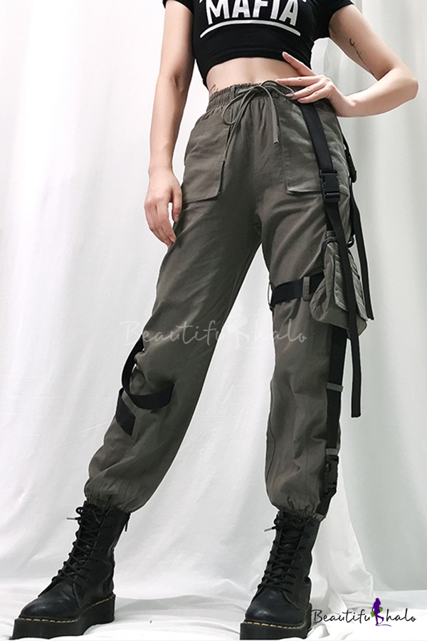 Women Cool Drawstring Waist Buckle Ribbon Cuff Ankle Army Green Relaxed  Carrot Cargo Pants with Bag