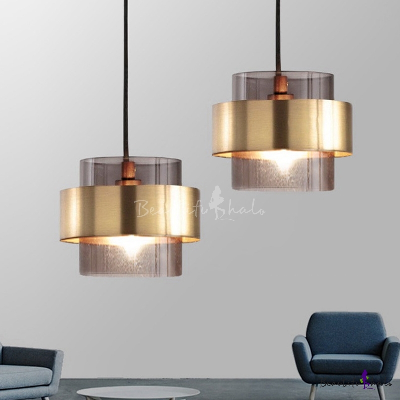 Gold Cylinder Pendant Light Fixture Modern 1 Light Smoke Gray Glass