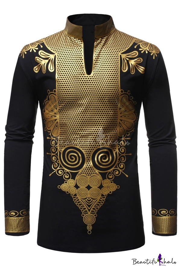 Comaba Men Gold Flower Stand Collar Fitted African Long-Sleeve Longshirt 