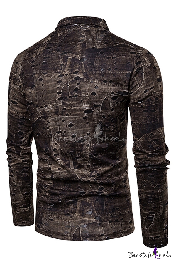 Vintage Abstract Print Long Sleeve Shredded Whole Colored Polo Shirt ...