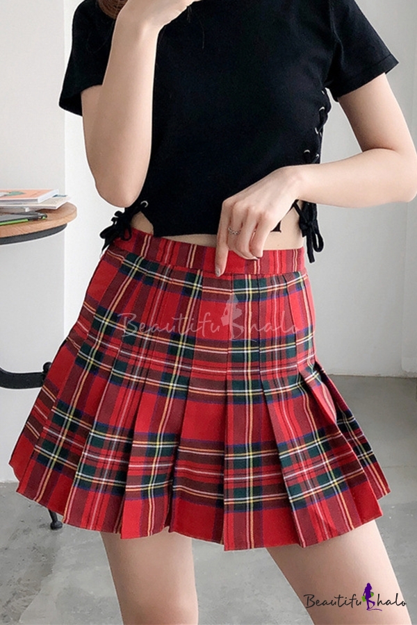Classic Red High Waist Plaid Print Button Side Double Layer Pleated ...
