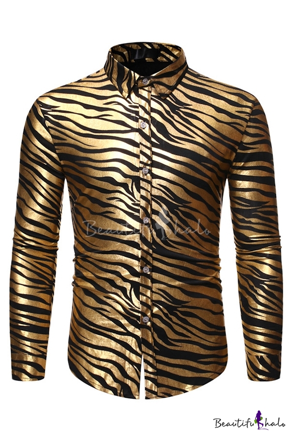 Mens Cool Metallic Zebra Printed Long Sleeve Button Up Skinny Fit Non ...