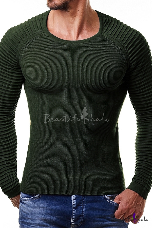 Fulision Mens casual solid color loose round neck sweater long sleeve pullover 