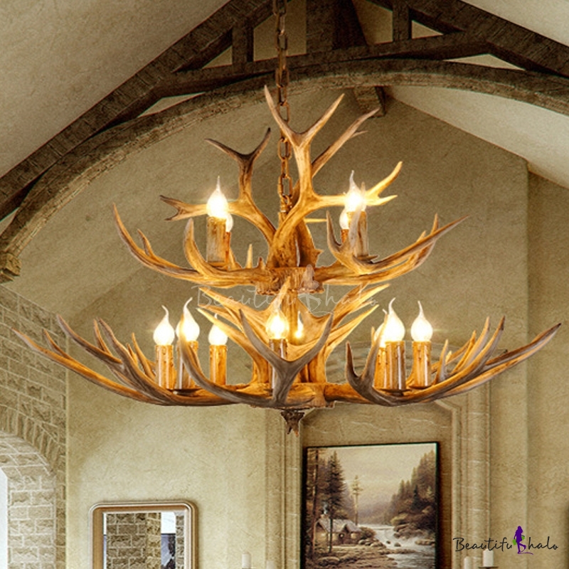 Brown Faux Antler Hanging Chandelier Farmhouse Resin 12 Bulbs ...