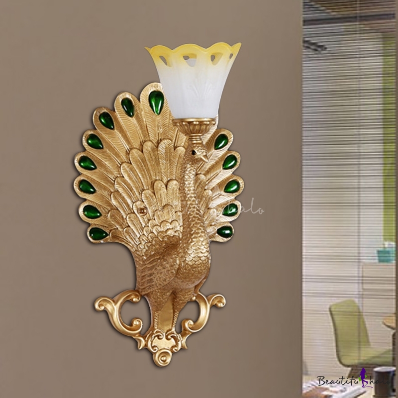 Gold Peacock Sconce Light Fixture Modern Style Resin 1 Bulb Hotel Wall Lamp With Yellow Glass 4451