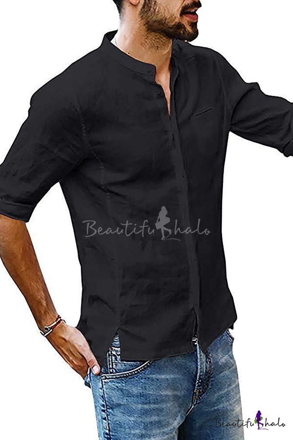 Summer Fashion Half Sleeves Button Down Side Split Plain Linen Shirt For Men Beautifulhalo Com