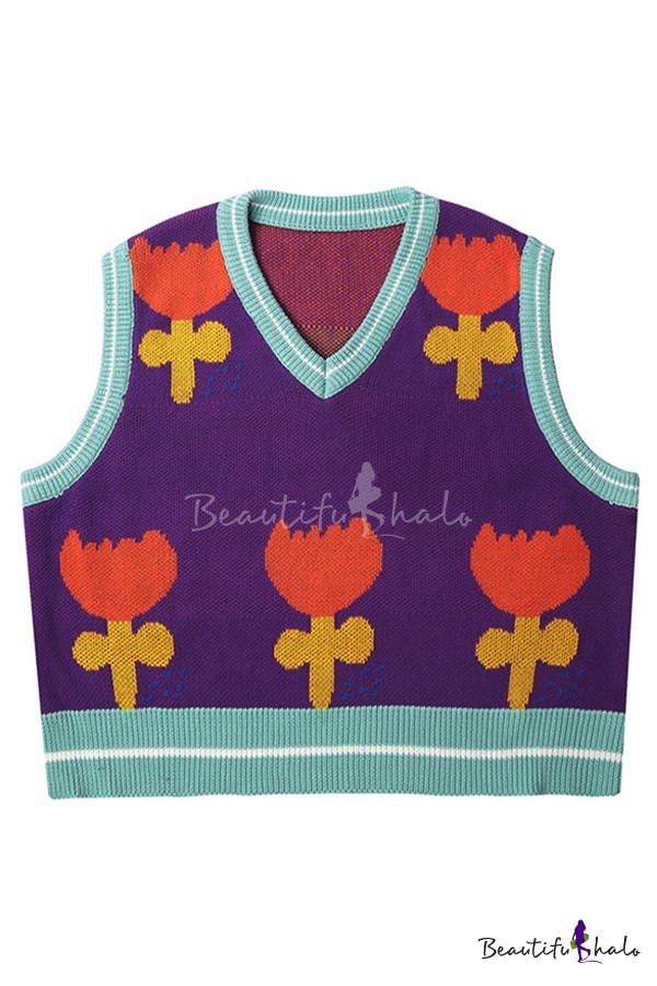 Girls Popular Contrast Color Cartoon Flower Pattern Sleeveless Oversized Knitwear Vest Beautifulhalo Com