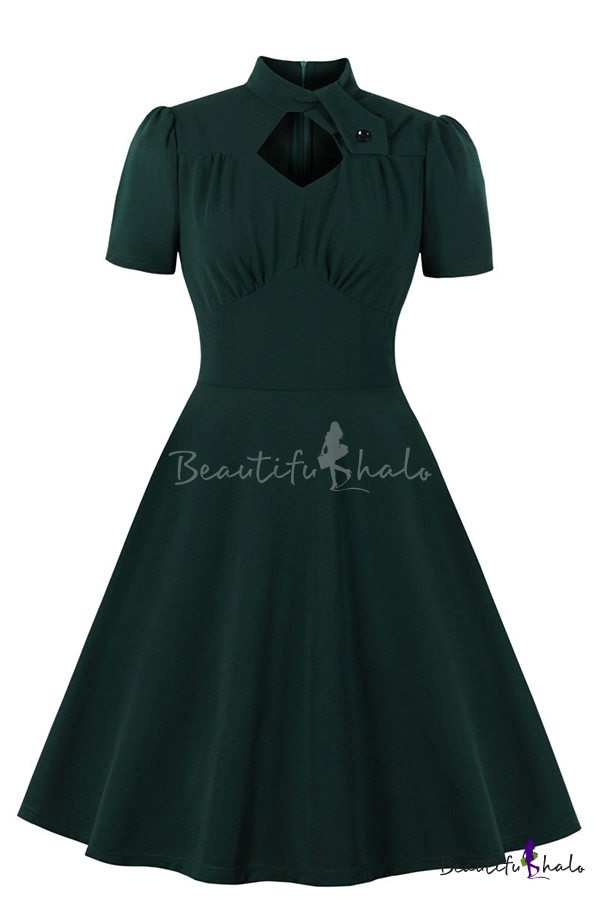 Women's Short Sleeve Stand Collar Cut Button Detail Zip Back Ruched Pleated Flared A-Line Dress in - Beautifulhalo.com