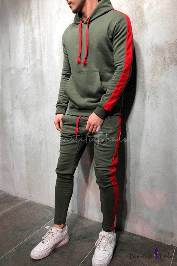 Men’s Drawstring Hooded Tracksuits Stitching Printing Running Suits Casual Outdoor Hoodies and Trousers