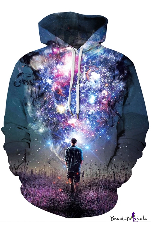 drawstring hooded galaxy color block 3d printed long sleeve hoodie sweatshirt