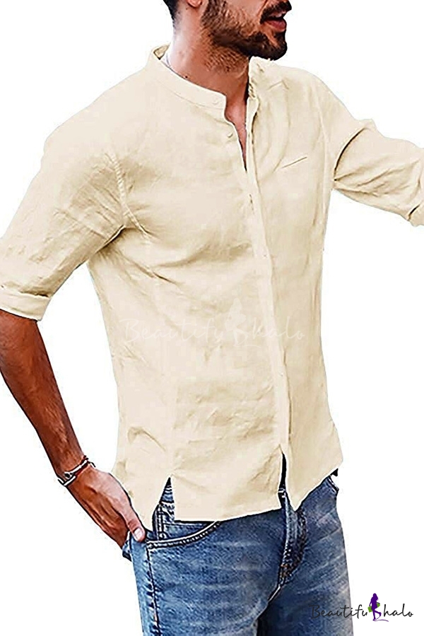 Summer Fashion Half Sleeves Button Down Side Split Plain Linen Shirt ...