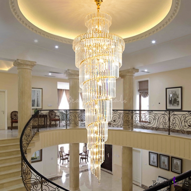 Clear Crystal Block Swirl Hanging Light, Hanging Crystal Chandelier In Stairwell Color