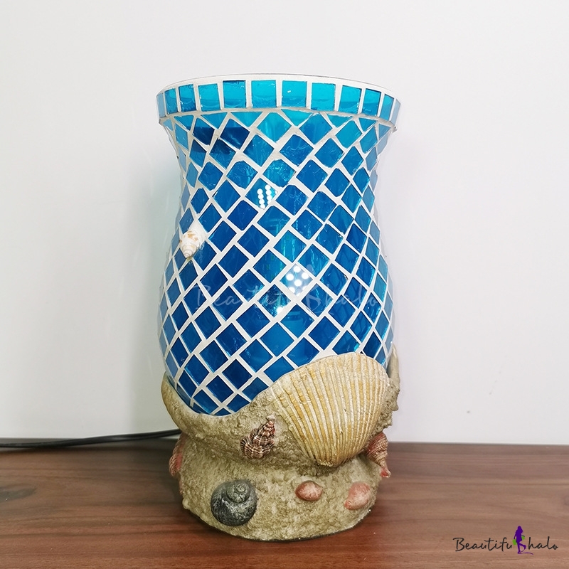 Vase Blue Glass Nightstand Light Moroccan Single Bulb Bedroom Night Table Lamp With Shell Accent Beautifulhalo Com