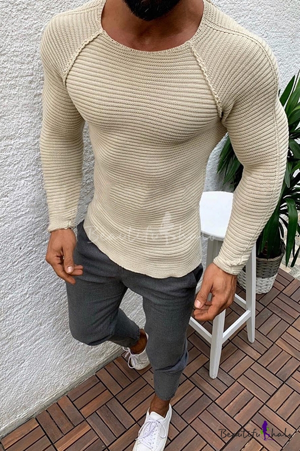 YUELANDE-Men Long Sleeve Round Neck Solid Slim Fit Pullover Knit Sweater 