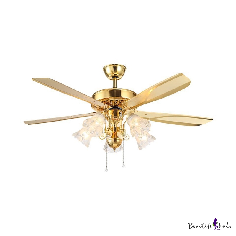 Gold Flower Ceiling Fan Light Retro Cream Glass Flower Semi Flush Mount For Restaurant