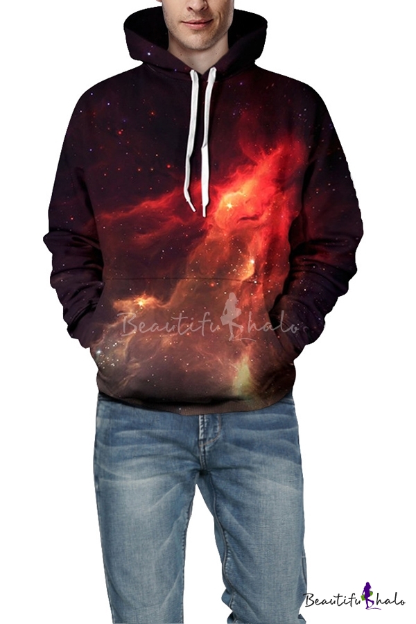 drawstring hooded galaxy color block 3d printed long sleeve hoodie sweatshirt