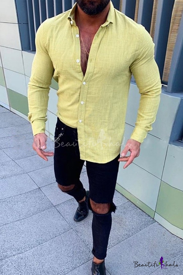 BYWX Men Long Sleeve Slim Fit Casual Solid Color Linen Button Down Dress Work Shirt 