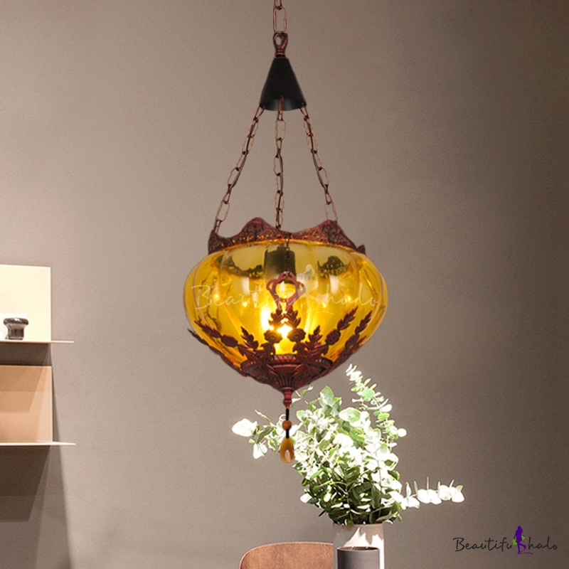 Amber Glass Copper Pendant Lighting Oval Shade 1 Head Vintage Hanging Ceiling Lamp 8251