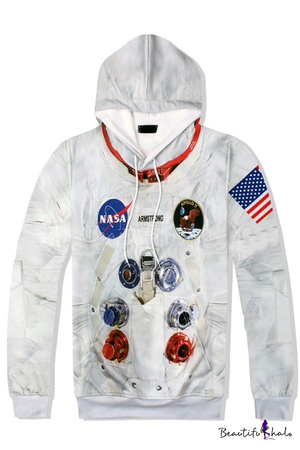 Popular American Flag NASA Logo Printed Long Sleeve Regular Fit White ...