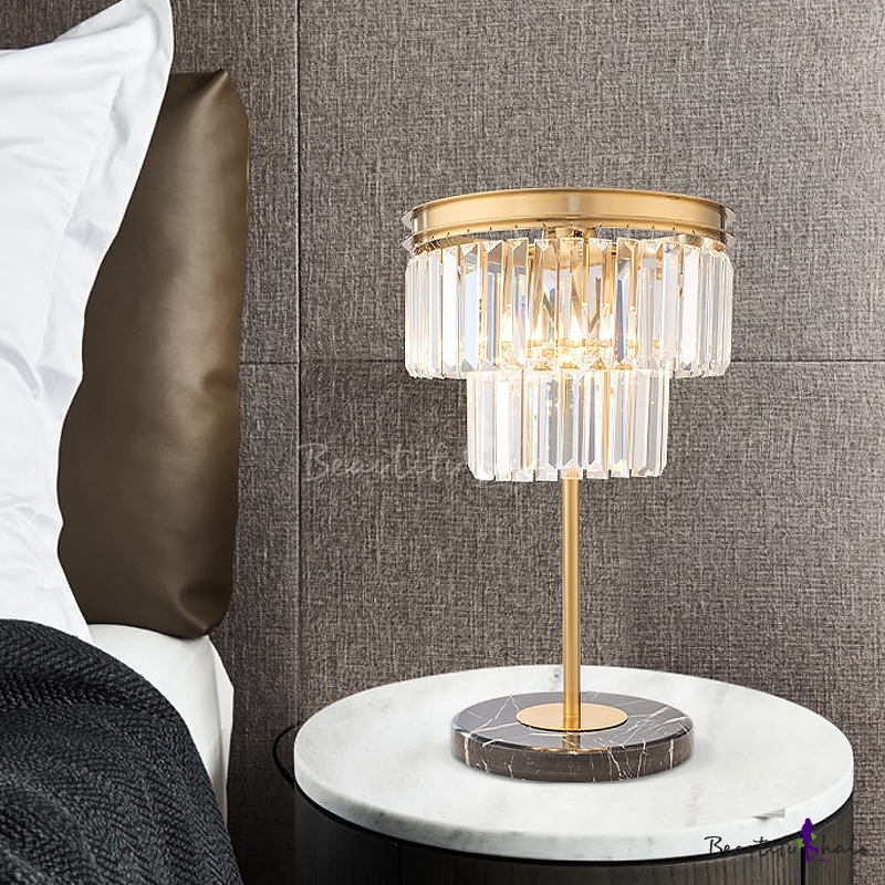 Gold Cylinder Reading Light Modern 3 Bulbs Beveled Crystal Nightstand Lamp For Bedroom Beautifulhalo Com