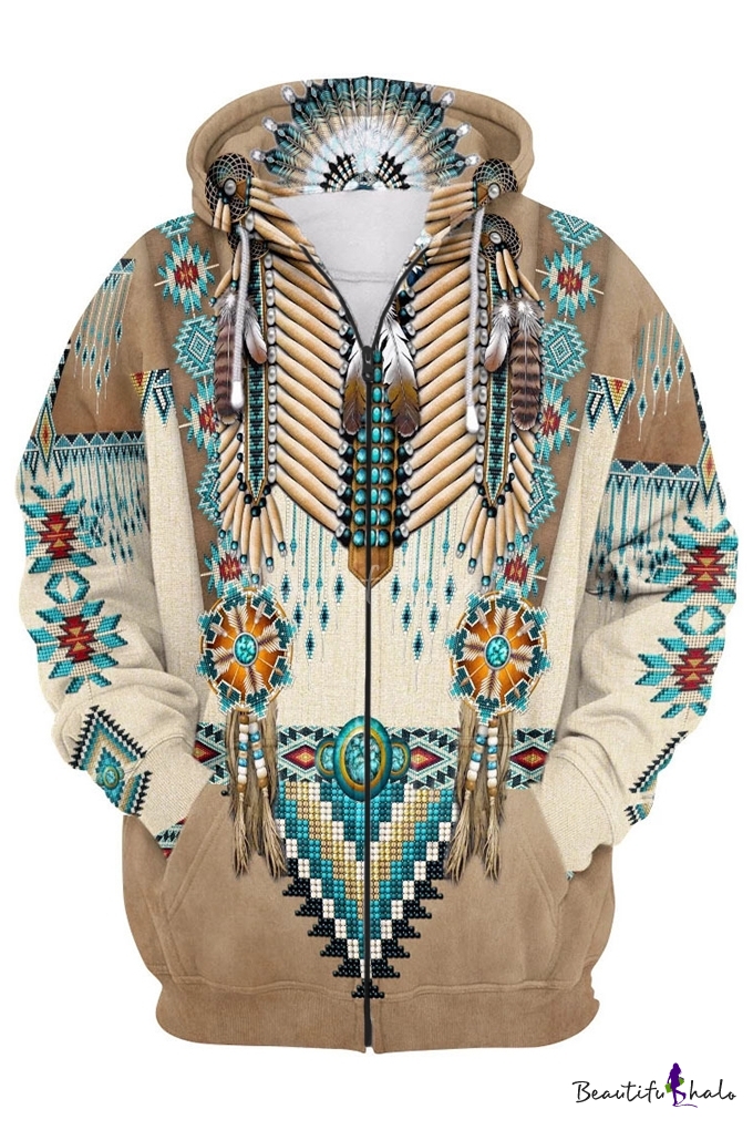 Unique Ethnic Style Retro Indian Tribal Printed Long Sleeve Zip Up ...