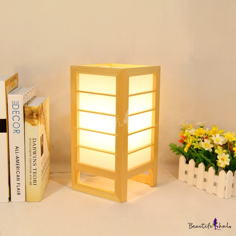 Japanese 1 Bulb Nightstand Lamp Beige Rectangle Reading Book Light With Wood Shade Beautifulhalo Com