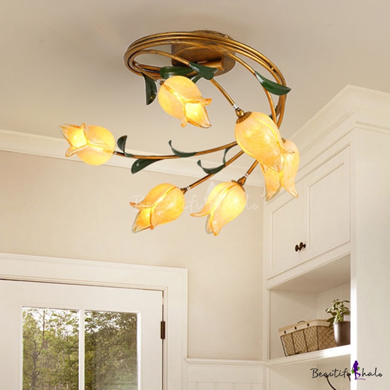 Metal Brass Ceiling Lamp Tulip 6 Lights Antique LED Semi Flush Light ...