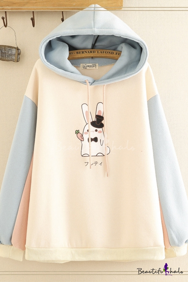 Kawaii Girls Long Sleeve Drawstring Rabbit Graphic Color Block Relaxed ...