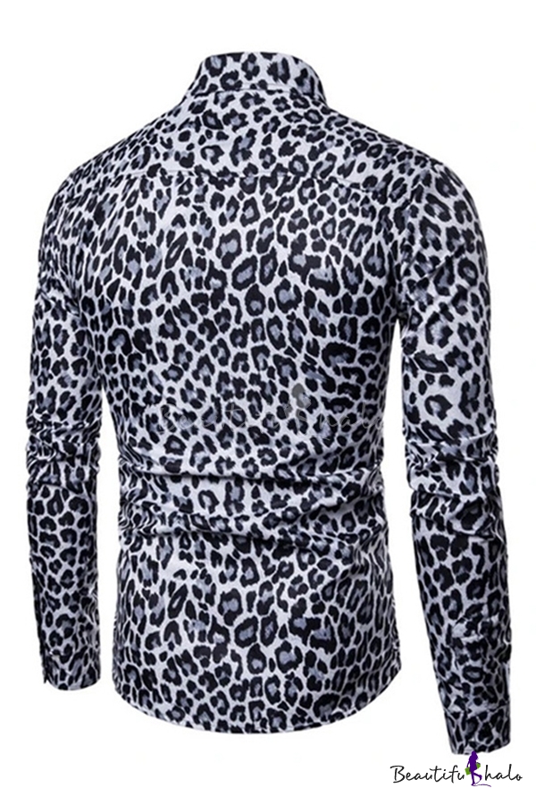 Stylish Mens Long Sleeve Lapel Collar Button Down Leopard Patterned ...