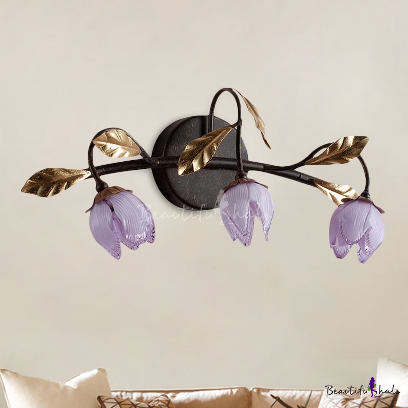 Purple Glass Floral Vanity Sconce Light Antiqued 3 Light Bedroom Wall