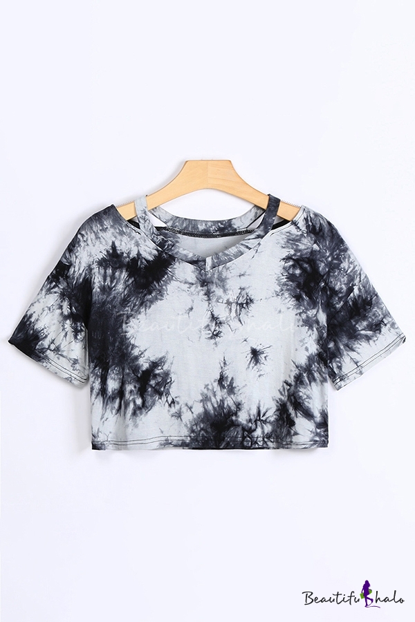 Popular Girls Tie Dye Printed Short Sleeves Cold Shoulder Relaxed Crop ...