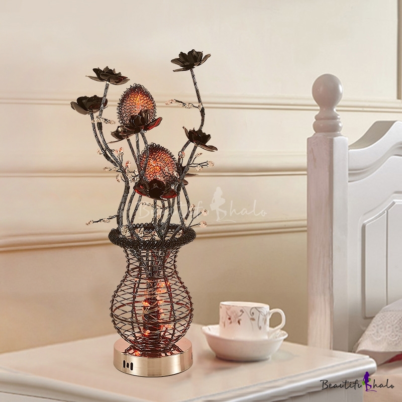 Led Nightstand Lighting Art Deco Floral And Vase Aluminum Wire Table Lamp In Black And Silver Beautifulhalo Com