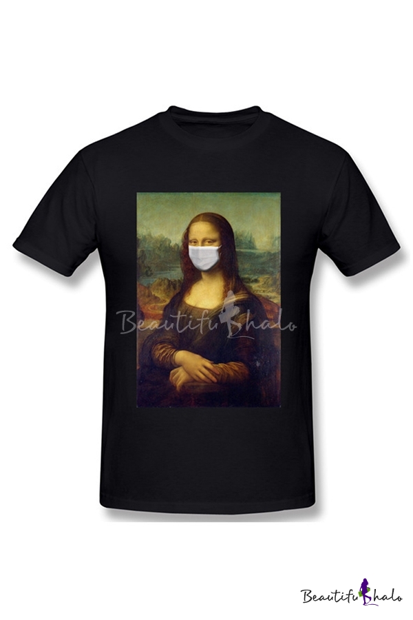 Stylish Girls Funny Mona Lisa Printed Short Sleeve Crew-neck Regular ...