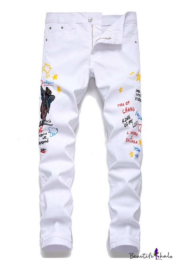White Creative Jeans Stars Letter King of My Life Embroidered Pocket ...