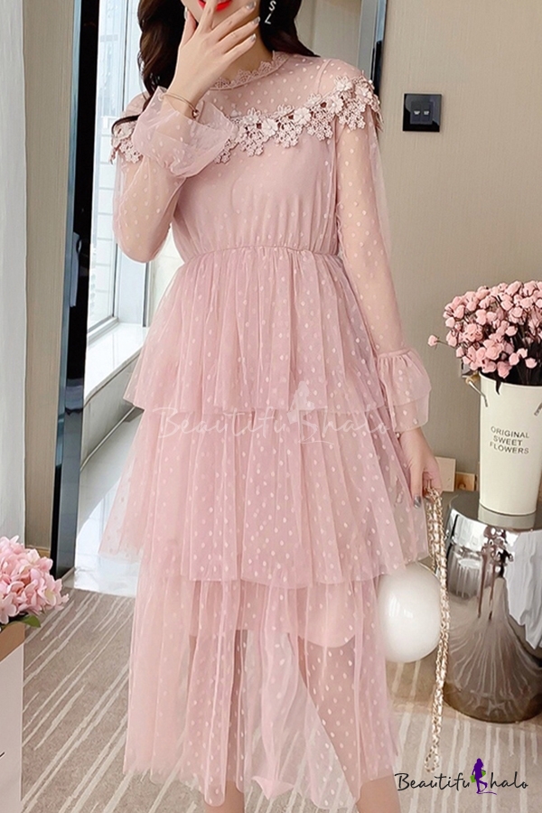 dot mesh ruffle long sleeve dress