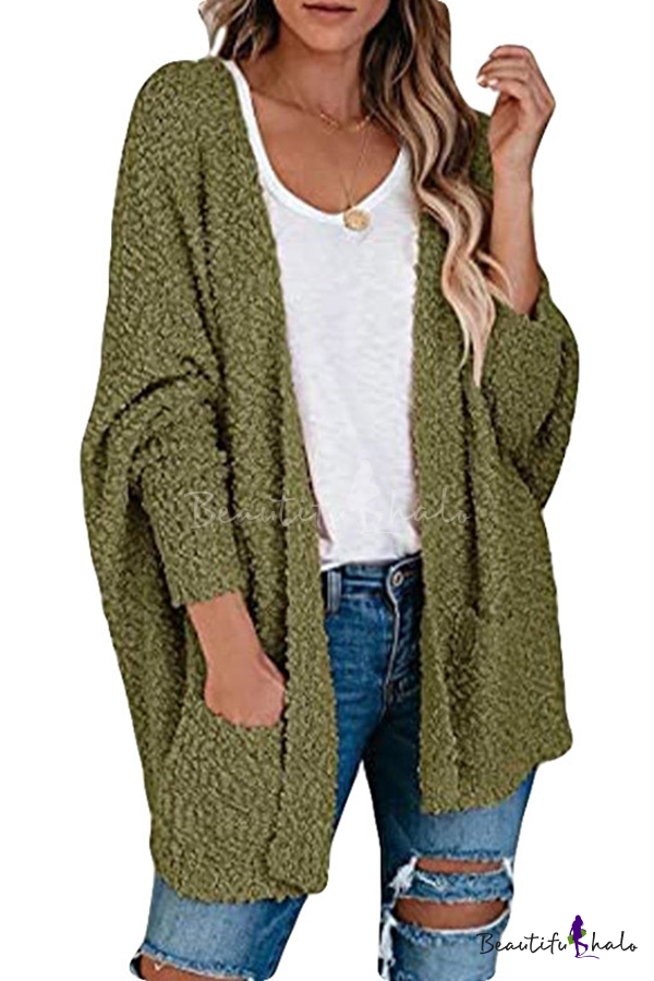 Colourful Womens Long-Sleeve Knit Pocket Open-Front Mid-Long Knit Cardigan