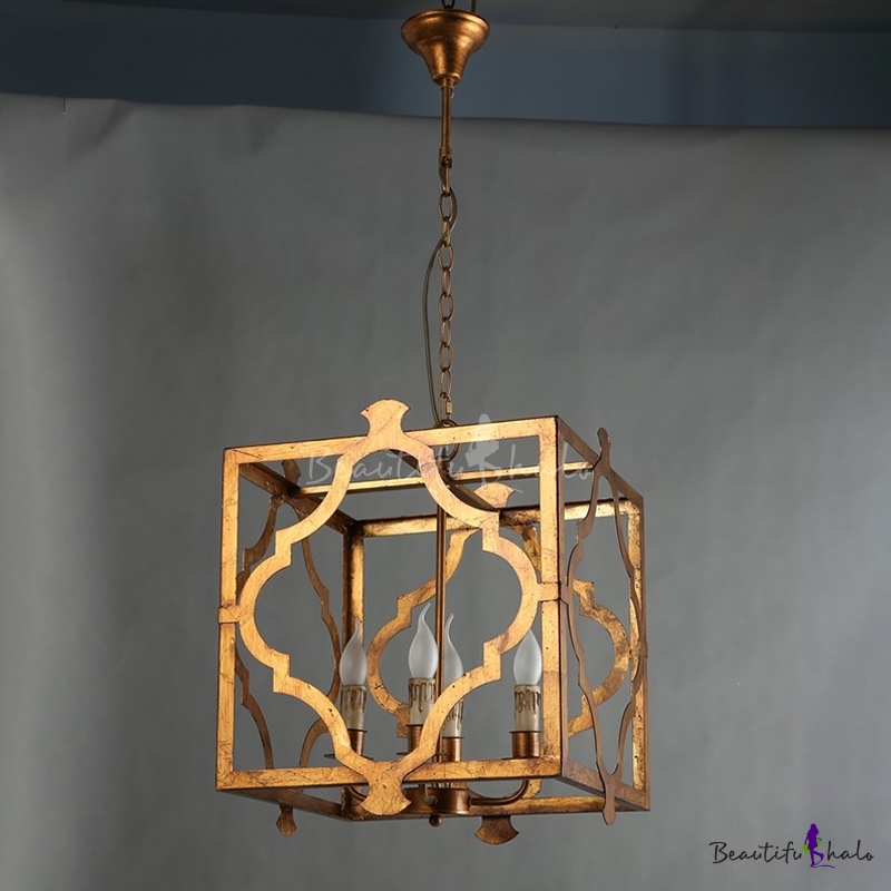Brown Quatrefoil Cage Pendant Chandelier Country Style Metal 4 Bulbs