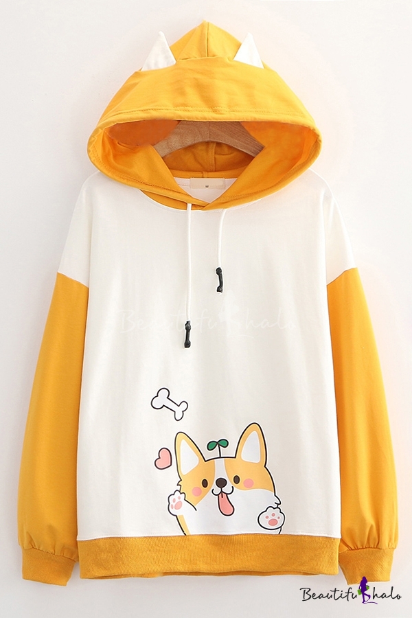 Kawaii Dog Printed Contrasted Long Sleeve Drawstring Loose Fit Hoodie ...