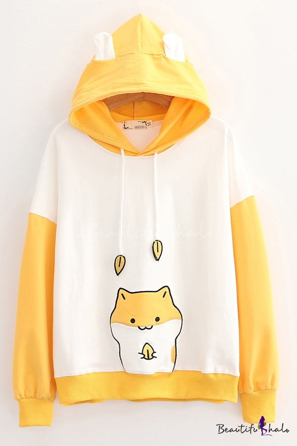 Fashionable Girls Hamster Printed Contrasted Long Sleeve Drawstring ...