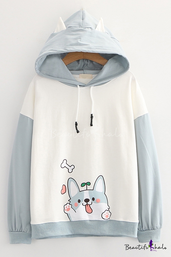 Kawaii Dog Printed Contrasted Long Sleeve Drawstring Loose Fit Hoodie ...