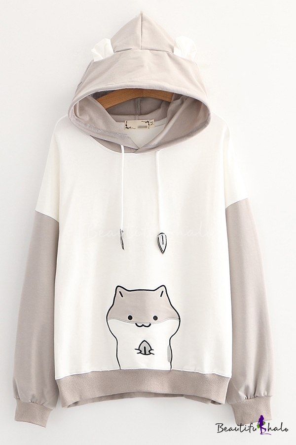 Fashionable Girls Hamster Printed Contrasted Long Sleeve Drawstring ...