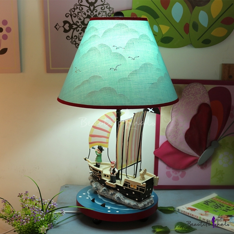 Sailing Pirate Ship Night Lamp Cartoon, Pale Blue Table Lamp