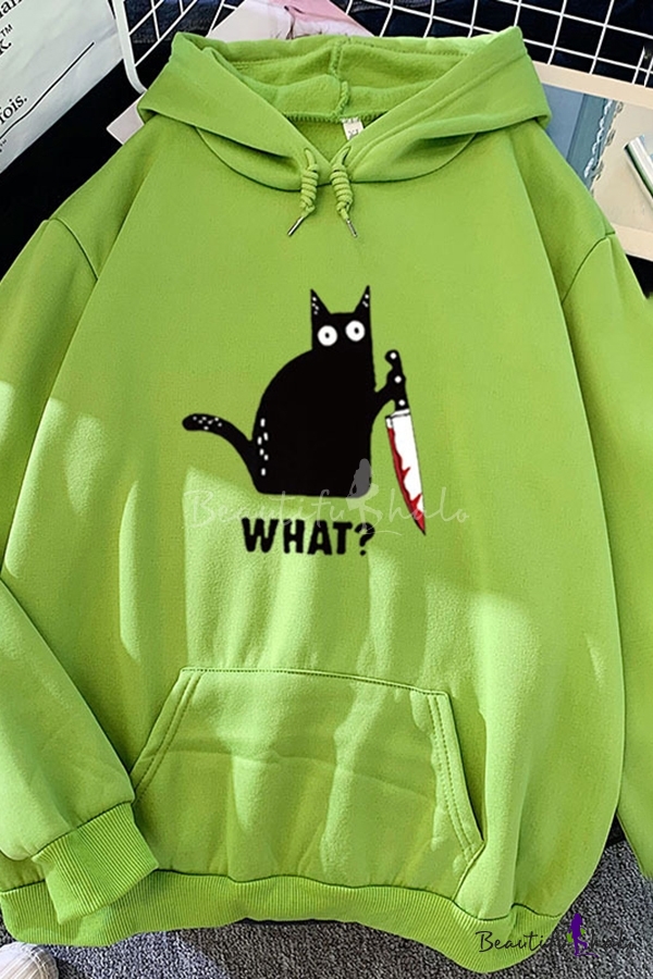 Novelty Womens Hoodie Cat Knife Letter What Printed Knitted Trim ...