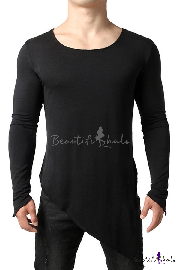 Men's Trendy T-Shirt Solid Color Round Neck Asymmetrical Hem Long ...