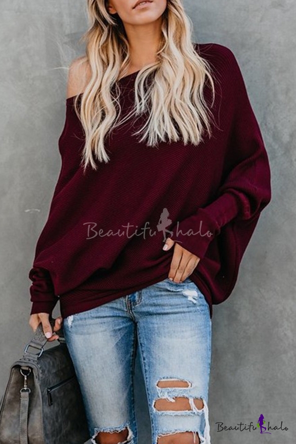 QUALFORT Boat Neck Batwing Knitted Sweater for Women Long Sleeves Off Shoulder Pullovers Oversized Tops 