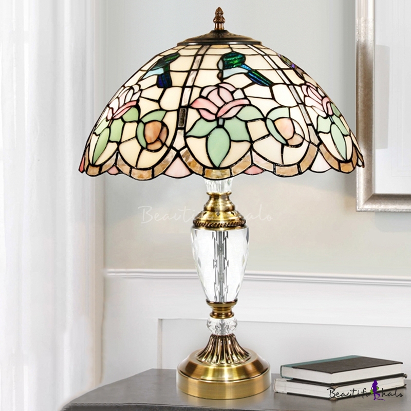 Domed Crystal Night Lamp 3 Bulbs Stained Glass Tiffany Style Pull 