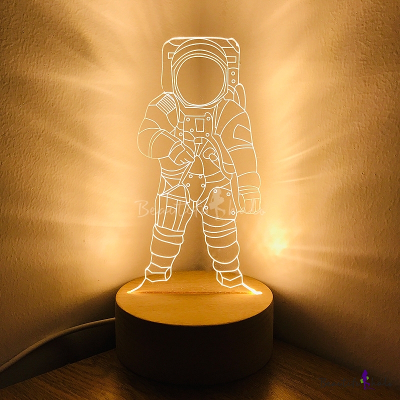 Spaceman Small Nightstand Light Kids Acrylic Wood Usb Led Table Lamp For Bedroom Beautifulhalo Com