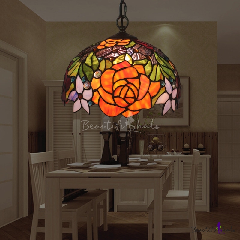 Stained Glass Bowl Ceiling Hang Fixture Mediterranean 1 Light Yellow Pendant Lighting With Blossom Pattern Beautifulhalo Com