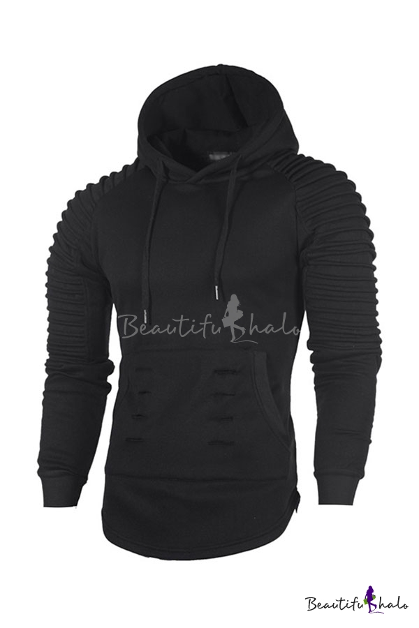 solid color pleated sleeve long fleece hoodie