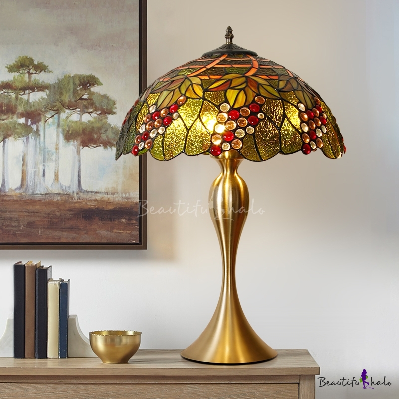 Flower And Beaded Night Table Lighting 1 Head Stained Glass Tiffany Pull Chain Nightstand Lamp In Brass Beautifulhalo Com